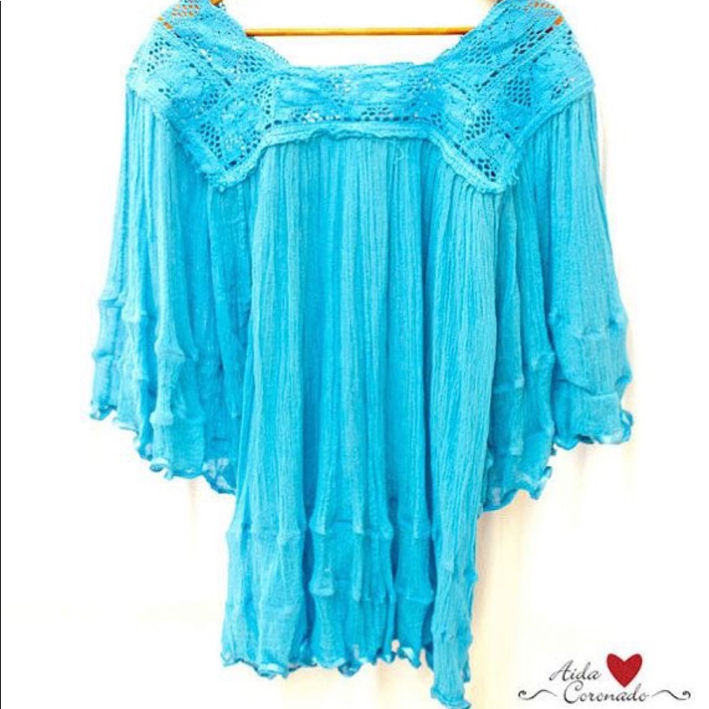 Mexican blouse handmade embroidered crochet tunic bell sleeves